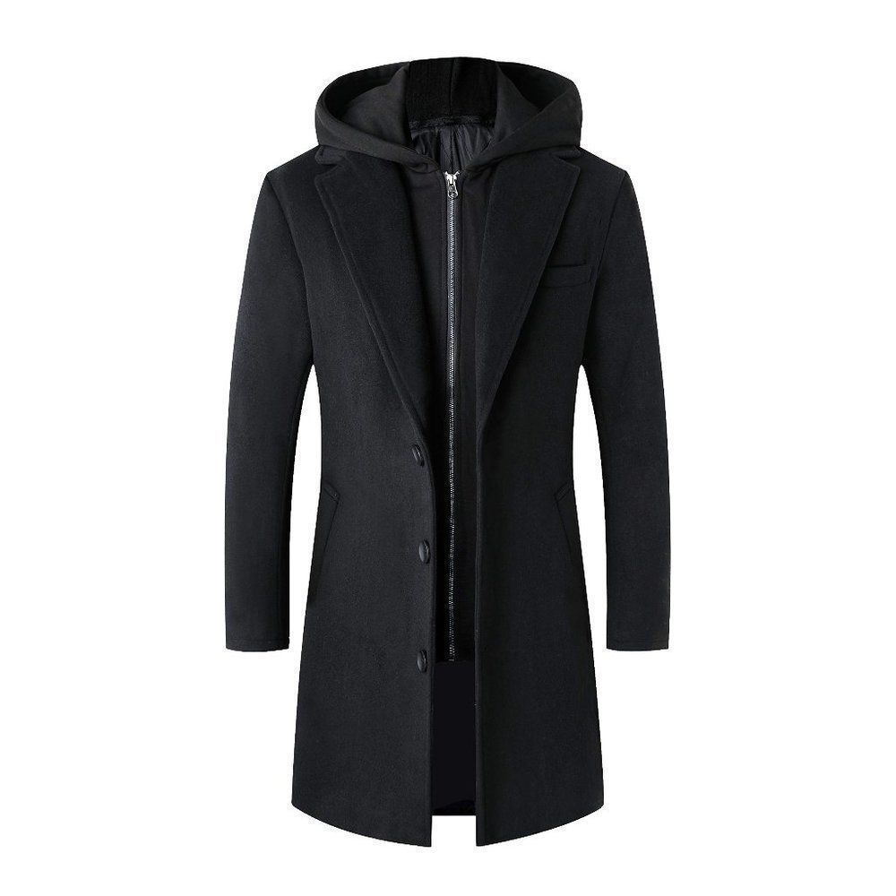 Wool Blend Overcoat with Detachable Hooded Black